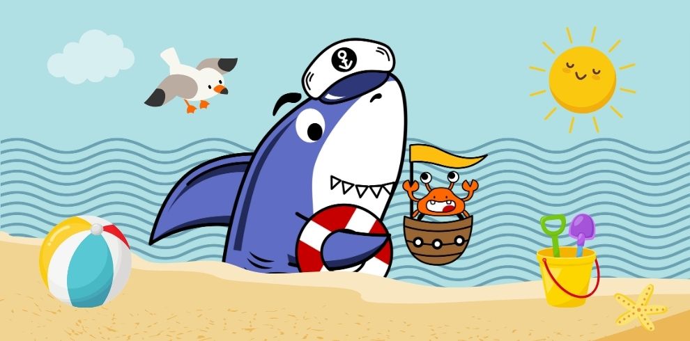 A cheerful cartoon beach scene with a smiling shark in a sailor hat holding a lifebuoy. A happy crab waves from a small boat, with a seagull flying nearby, a bright sun shining, and ocean waves in the background. On the sandy beach are a colourful beach ball, a yellow bucket with spades, and a starfish.
