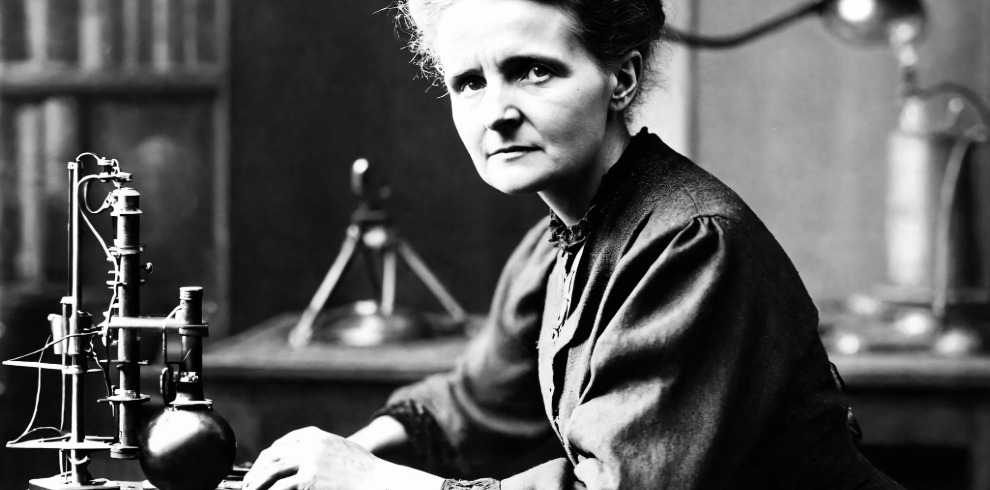 A black and white image of Marie Curie scientific pioneer, double Nobel Prize winner, and one of the most influential women in history.
