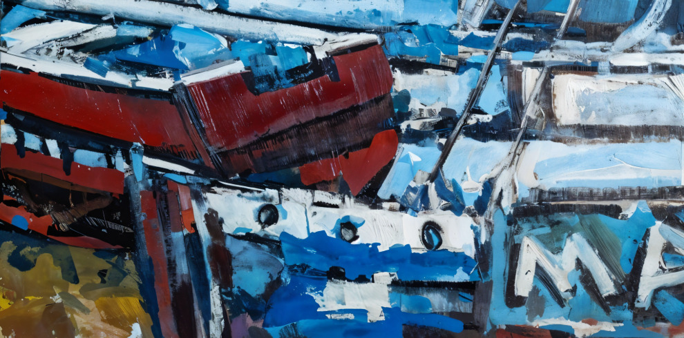 Oil painting of boats on the water by Peter Tudhope.