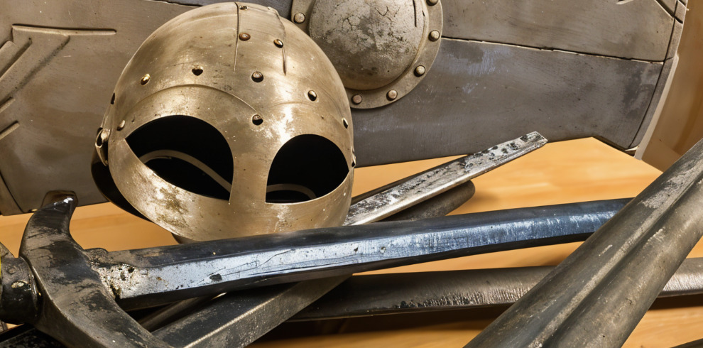 A large shield, helmet and collection of swords sitting on a table.