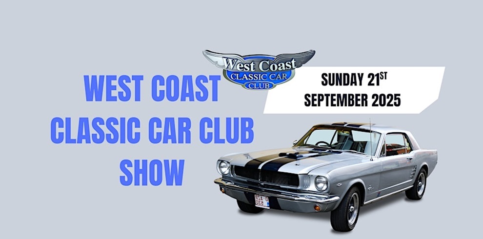 Promotional poster for the West Coast Classic Car Club Show. The background is light grey, with the club’s winged logo at the top. Large bold blue text reads “West Coast Classic Car Club Show.” On the right side, a white banner with black text displays “Sunday 21st September 2025.” Below, there’s a classic silver Ford Mustang with black racing stripes.