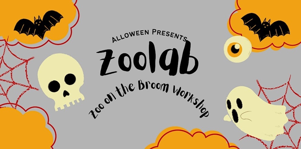 A Halloween-themed poster with the title "Zoolab" in large black text. Above it, the words "ALLOWEEN PRESENTS" appear, and below it reads "Zoo on the Broom Workshop." The background is grey with orange cloud-like shapes around the edges. The design includes cartoon Halloween illustrations: black bats, a white skull, a ghost, an eyeball, and red spider webs.
