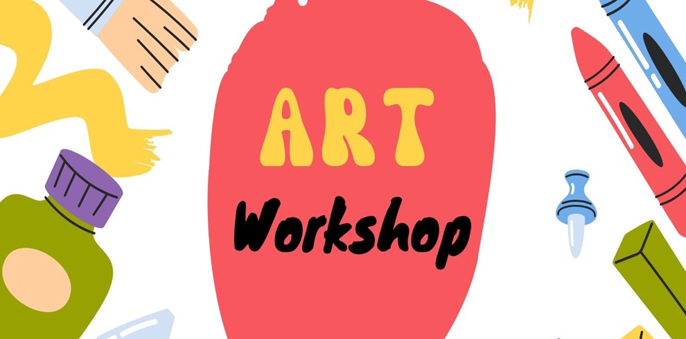 Colorful illustration promoting an art workshop. The words 'ART Workshop' are centered, with 'ART' in yellow and 'Workshop' in black on a red irregular shape. Surrounding the text are art supplies, including a paint bottle, crayons, a paintbrush, a palette knife, and a dab of yellow paint, all on a white background.
