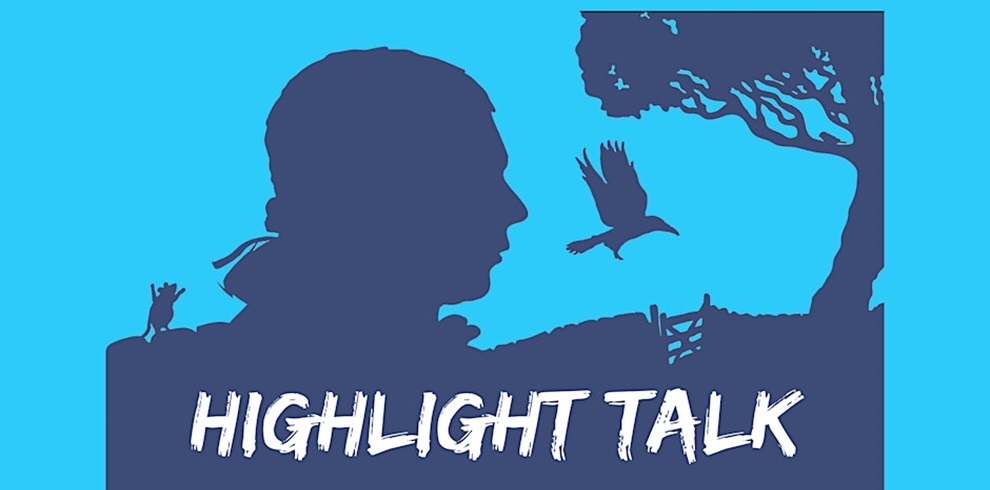 Silhouette illustration of a person in profile facing right, with a bird flying and another perched nearby. A tree with twisting branches frames the upper right, and a fence sits in the distance. The background is light blue, and the bold white text at the bottom reads 'HIGHLIGHT TALK'.