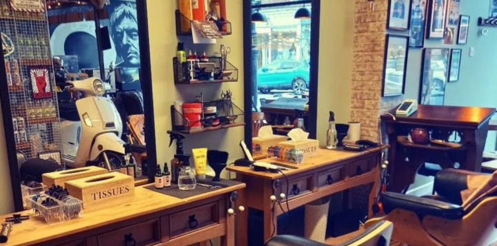 Interior of barber and coffee shop.