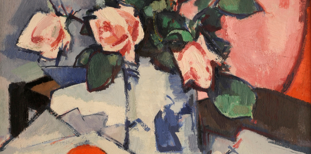 Painting of a vase of flowers on a table by SJ Peploe.