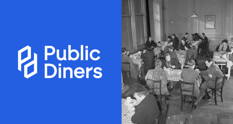 Split image with a bright blue panel on the left showing a white geometric logo and the words Public Diners. On the right, a black-and-white photograph of people sitting at tables with checkered tablecloths in a communal dining hall, eating and drinking together.