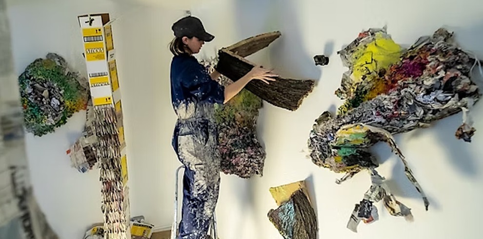 A picture of a peson insalling their art installation to a wall.