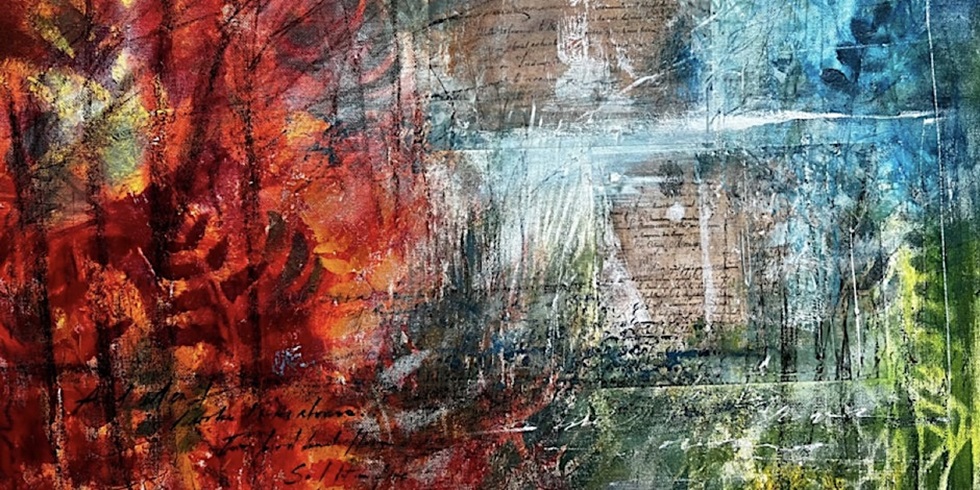 Abstract mixed-media artwork with vivid colors and layered textures. The left side is dominated by fiery reds, oranges, and yellows with hints of dark branches or organic shapes. The center shifts to muted tones with handwritten script faintly visible beneath translucent paint. The right side blends cooler hues of blue, teal, and green, suggesting water or foliage. The overall effect is dynamic and textured, evoking a contrast between fire and water, chaos and calm.