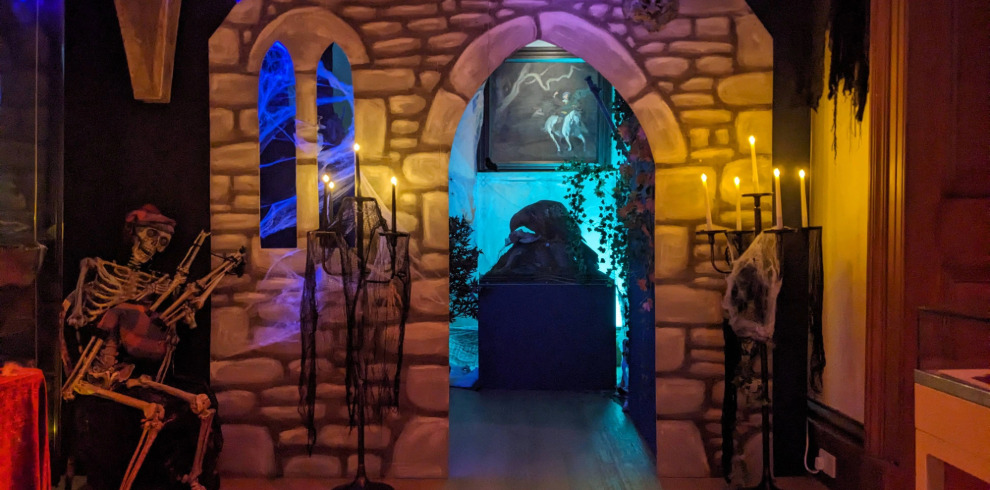 Spooky church entrance way stage prop