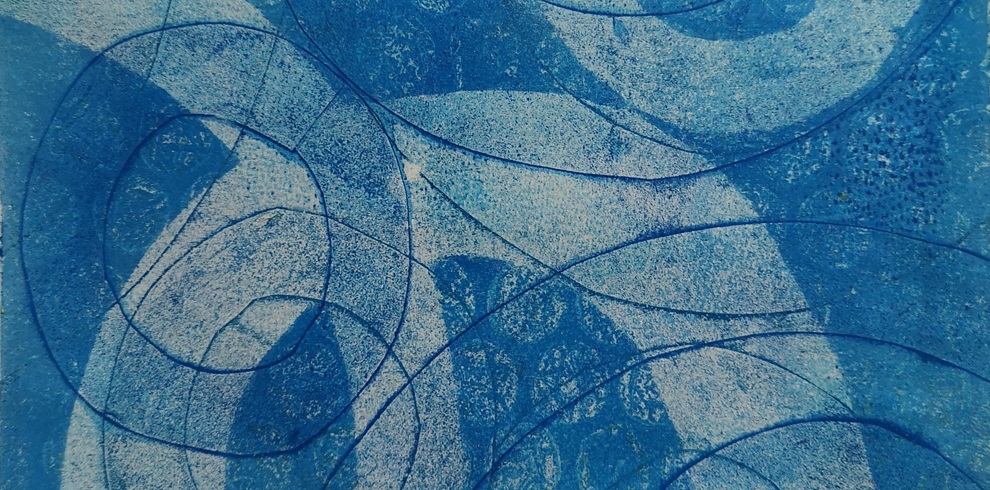 Abstract artwork in shades of blue featuring overlapping curved lines and textured patterns. The composition includes swirling arcs and circular shapes layered over a mottled background, creating a sense of movement and depth. The tones range from light to dark blue, with subtle variations in texture and density.