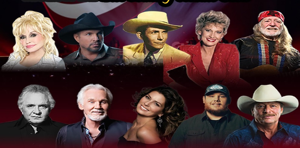 Promotional collage for a country music tribute show featuring stylized images of multiple performers dressed in classic country attire, including cowboy hats, western shirts, and glamorous stage outfits. The background is dark with red and black tones, creating a dramatic concert-like atmosphere. The performers are arranged in two rows, with bright lighting highlighting their costumes.