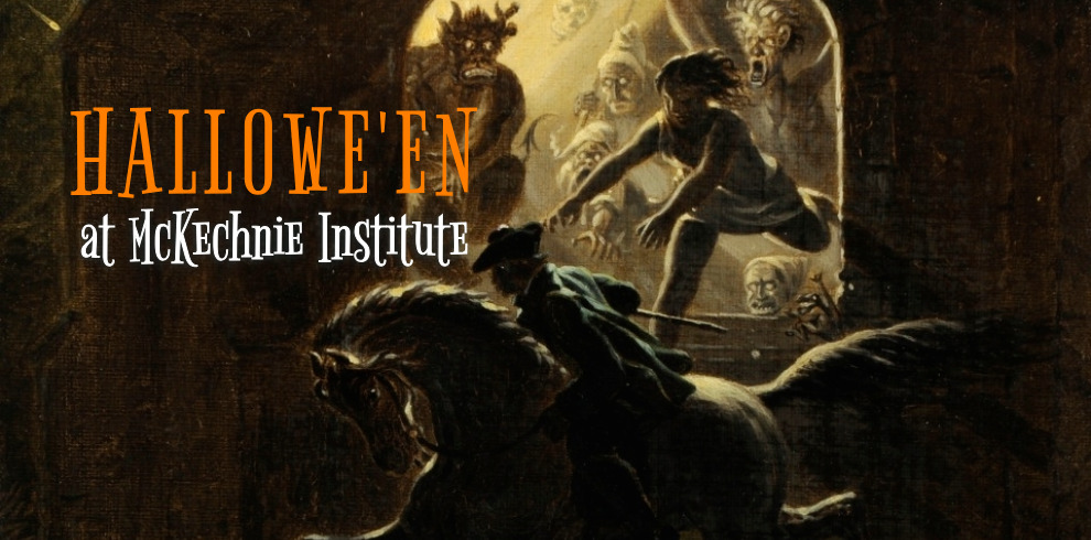 Promotional poster for a Halloween event at McKechnie Institute. The text reads “Hallowe’en at McKechnie Institute – Entry is Free.” The background features a dark, vintage-style painting of a man on horseback fleeing from ghostly and demonic figures emerging from a doorway, evoking a spooky, old-fashioned atmosphere.