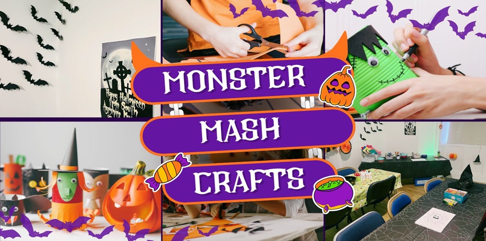 A collage of Halloween-themed craft activities with the title “Monster Mash Crafts” in bold white letters on purple banners, decorated with candy and monster illustrations. The top-left shows black bat cutouts on a wall and a Halloween sign. The top-right shows hands cutting orange paper and assembling a green Frankenstein-themed craft. The bottom-left displays colorful paper crafts shaped like pumpkins, witches, and monsters. The bottom-right shows a decorated table with black tablecloths, craft supplies, and Halloween decorations. Purple bat graphics frame the collage.