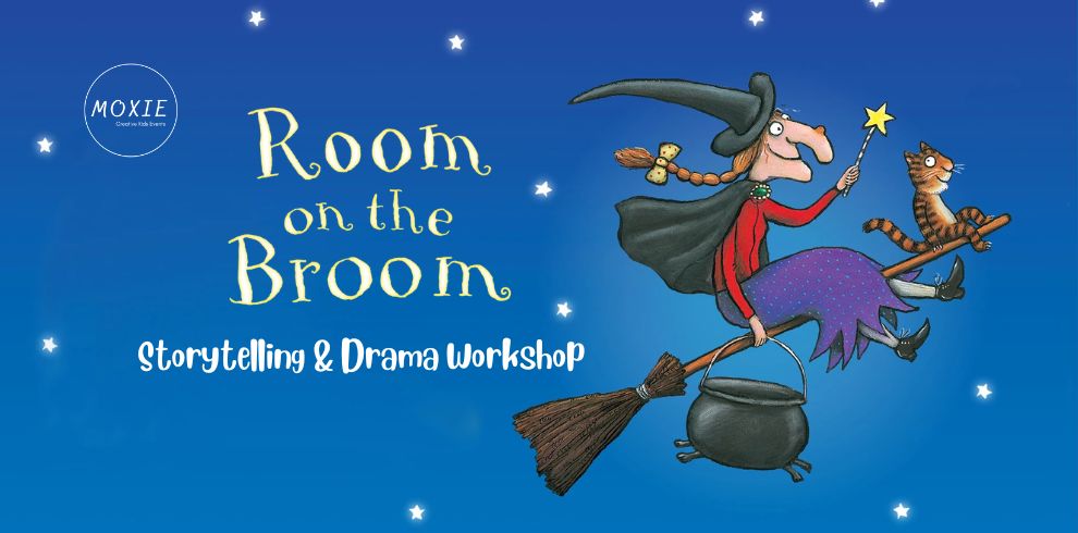 Image for ‘Room on the Broom Storytelling & Drama Workshop’. Illustration of a smiling witch flying on a broomstick with her cat, holding a wand with a yellow star. Moxie Creative Kids Events logo in the corner.