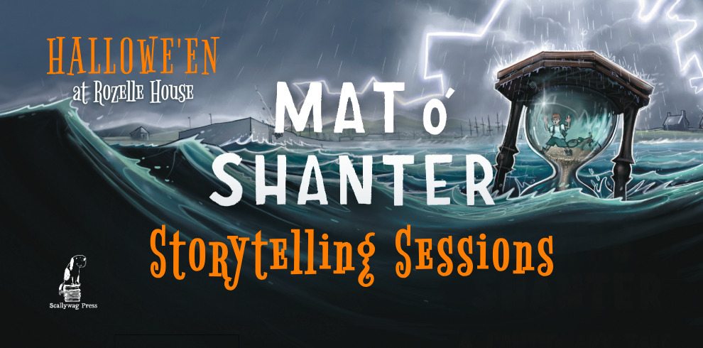 Illustrated image promoting “Hallowe’en at Rozelle House: Tam o’ Shanter Storytelling Sessions.” The artwork shows a stormy sea under lightning with Tam o’ Shanter and his horse encased in a glass dome atop a bridge. The title text appears in large white and orange letters, with the Scallywag Press logo of a dog in the bottom left corner.