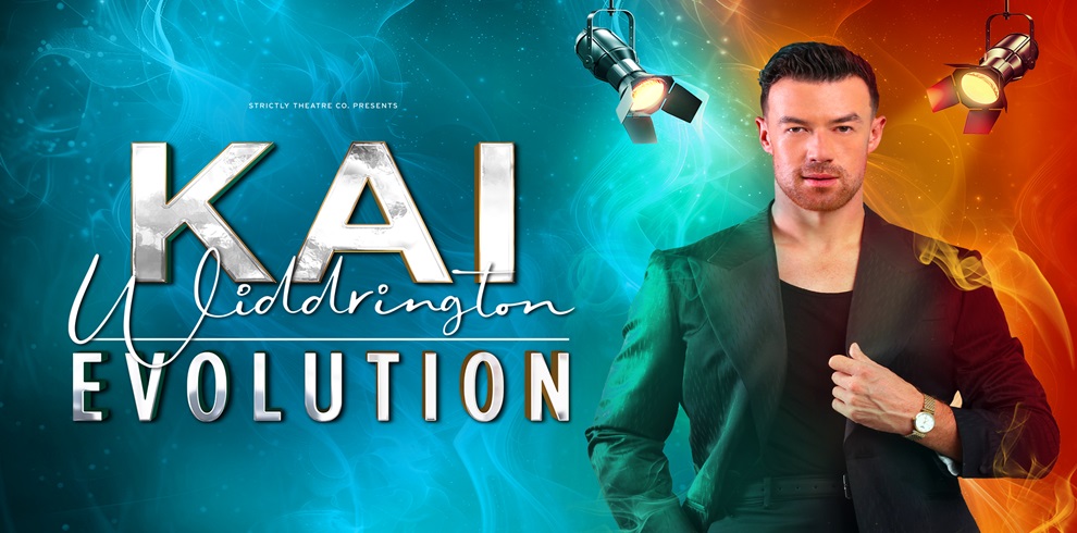 Promotional poster with a split background of teal and orange smoke, featuring bold metallic text that reads “KAI Widdrington EVOLUTION.” Two stage spotlights shine from the top corners, and a person in a dark suit stands in the center, adjusting the lapel with one hand. The overall design has a dramatic and modern theatrical feel.