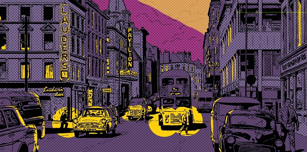 op art-style illustration of a busy city street scene, featuring vintage cars and a double-decker bus under vibrant purple and yellow tones. Buildings line both sides of the street with illuminated signs reading ‘LAUDERS’ and ‘PAVILION.’ The sky is depicted in a bold pink hue, and the entire image has a dotted comic-book texture.