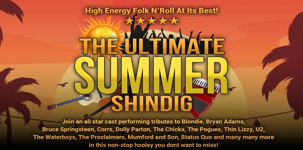 A vibrant promotional poster for “The Ultimate Summer Shindig” featuring a sunset background with silhouettes of palm trees and cheering crowd. Large golden text reads “THE ULTIMATE SUMMER SHINDIG” with a guitar and accordion incorporated into the design. Above the title, smaller text says “High Energy Folk N’Roll At Its Best!” with five gold stars. Below, a list of tribute acts includes Blondie, Bryan Adams, Bruce Springsteen, Corrs, Dolly Parton, The Chicks, The Pogues, Thin Lizzy, U2, The Waterboys, The Proclaimers, Mumford and Sons, Status Quo, and more.