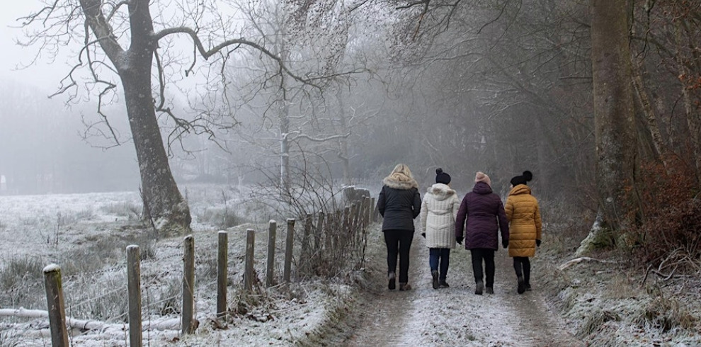 Four people walk together down a frosty woodland path on a cold winter day. They are dressed in warm coats and hats, and the ground and trees around them are lightly dusted with snow. A wooden fence runs along the left side of the path, and mist hangs in the air, giving the scene a quiet, wintry atmosphere.