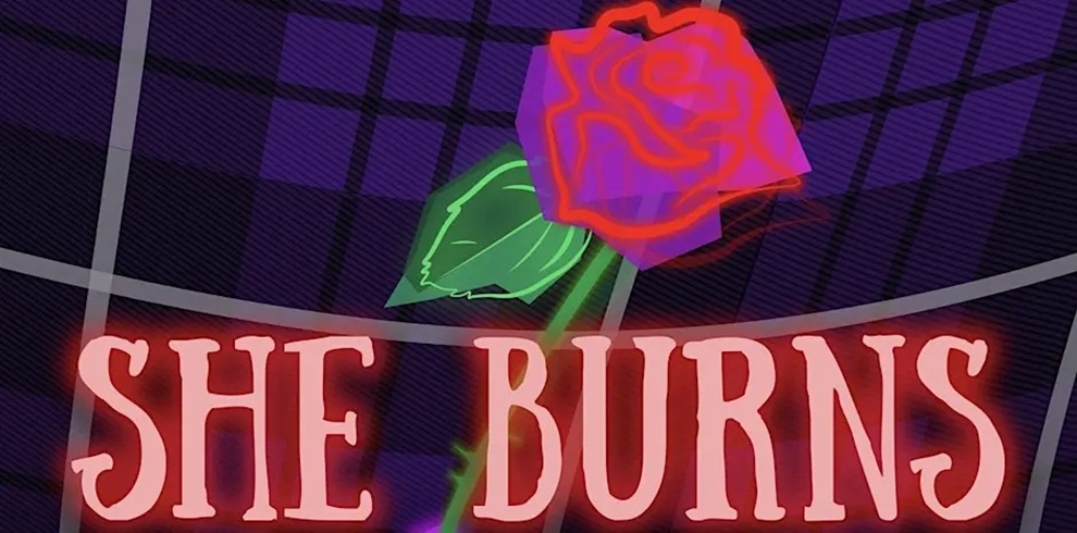 A stylised neon illustration of a rose with a glowing red and purple bloom and a bright green stem, set against a dark purple, grid-patterned background. Below the rose, the words ‘SHE BURNS’ appear in bold, glowing red letters