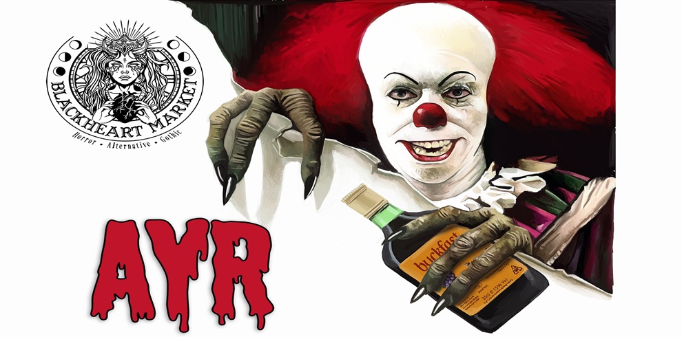 Promotional image for Blackheart Market showing a sinister clown with white face paint, red hair, and a menacing grin leaning over a torn white surface. The clown has long claw-like fingers and is holding a bottle, creating a dark horror-themed atmosphere. The Blackheart Market logo appears on the left, with bold red text reading “AYR” below it against a black, white, and red background.