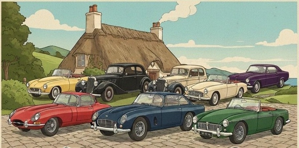 An illustrated scene of classic vintage cars parked in front of a countryside cottage with a thatched roof. The cars, in red, blue, green, yellow, cream, black, and purple, are arranged in two rows on a stone driveway, featuring a mix of convertibles and saloons from mid-20th-century designs. Rolling green hills and a blue sky with light clouds form a peaceful rural backdrop.