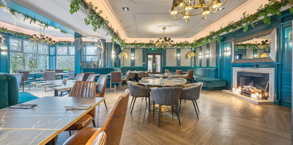 Large brightly lit dining area.