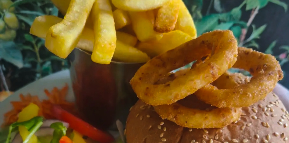 Plate of burger, chips and onion rings.