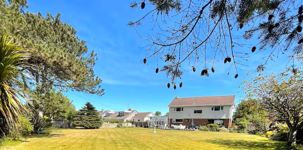 AILSA’S View 1 A large, neatly mowed lawn stretches across the foreground, bordered by tall trees and shrubs on both sides. In the background stands a two‑storey house with a brown roof, white exterior, and a patio area with outdoor furniture. Additional houses are visible further behind. The sky is bright blue with scattered branches and pine cones hanging from a tree in the upper foreground.