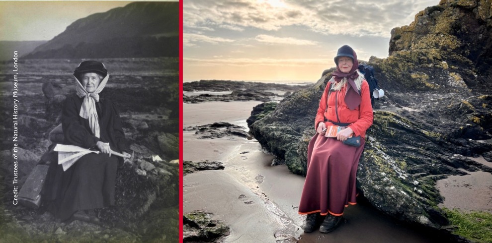 Black and white image of lady in victorian dress on a beach, next to a coloured image with a woman in red jacket.
