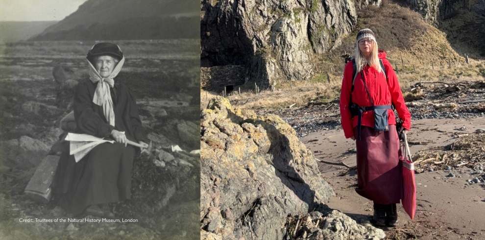 Black and white image of lady in victorian dress on a beach, next to a coloured image with a woman in red jacket.