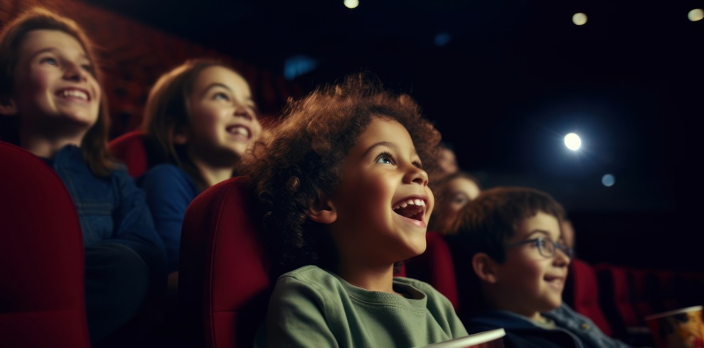 Children with happy faces watching a movie.