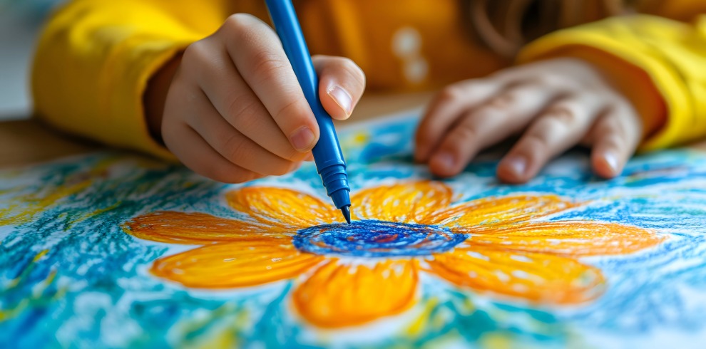 Small child colouring in an orange flower.