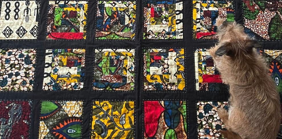 Patched quiltwork with small terrier dog lying on top.