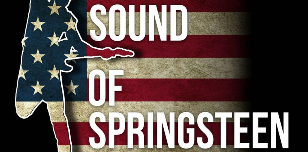 Promotional image for ‘Sound of Springsteen’ featuring a silhouette of a guitarist filled with an American flag pattern. Behind the figure is a weathered American flag, and the title ‘Sound of Springsteen’ appears in large white lettering on a black background.