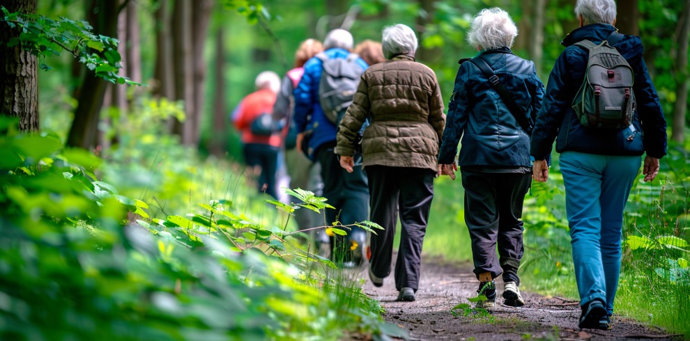 A group of people walking in the woods.