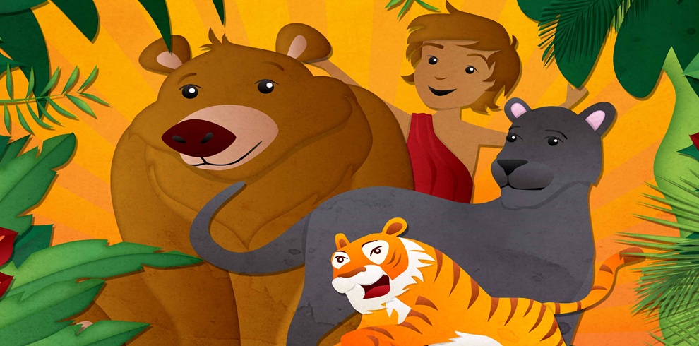 An illustrated scene featuring a group of stylized jungle characters. In the center is a large brown bear with rounded ears and a friendly expression. To the right is a sleek dark-grey panther with light pink inner ears. In front of both animals sits an orange-and-white tiger with bold black stripes and an open mouth. Behind the group stands a human child with short brown hair, wearing a simple red garment, one arm raised as if waving. Large green jungle leaves frame the image on all sides, and a warm
