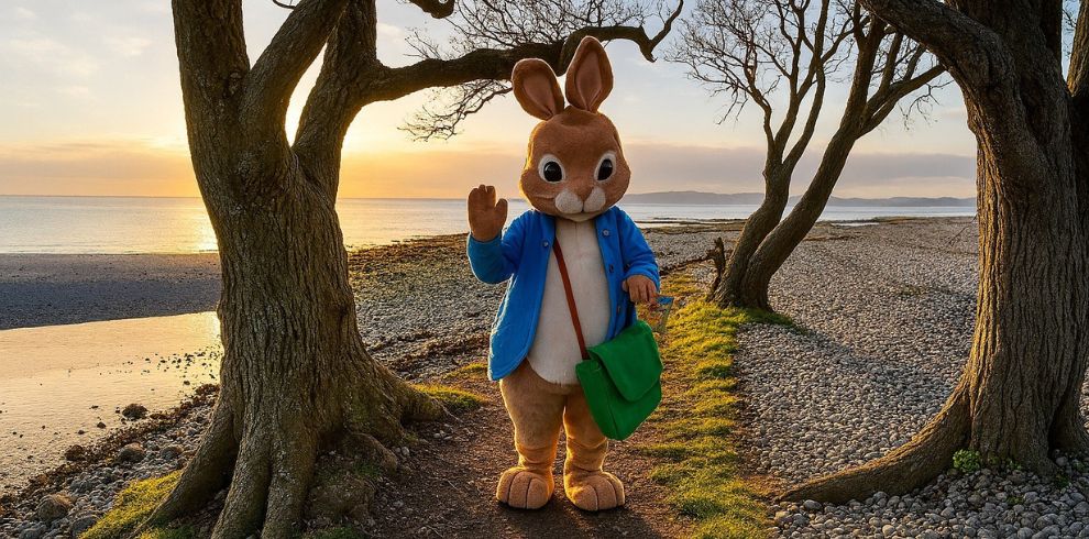 A person in a large rabbit costume stands on a narrow path between two trees at a pebbled beach during sunset. The costume features tall ears, a light‑colored face and paws, a blue jacket, and a green shoulder bag. The rabbit character is waving with one hand and holding a small object in the other. The scene is warmly lit by the low sun over the calm sea, with tree shadows stretching across the ground. Pebbles, driftwood, and patches of grass surround the path, and the horizon shows distant land across the water.