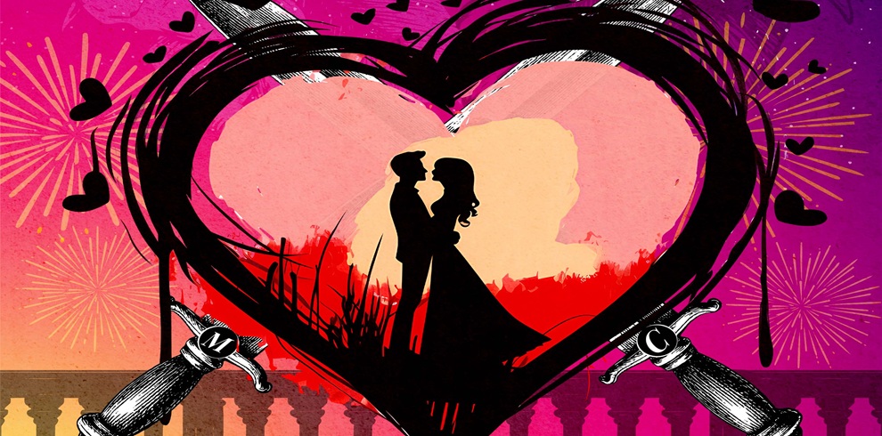 A vibrant, stylized illustration featuring two silhouetted people standing close together inside a large, painted heart shape. The background transitions from pink to purple and orange tones, with fireworks and small heart shapes scattered across the sky. The heart is outlined with bold, black brushstrokes. At the bottom corners, two illustrated sword hilts point upward toward the heart. A balcony railing spans the bottom of the image, suggesting an outdoor setting.