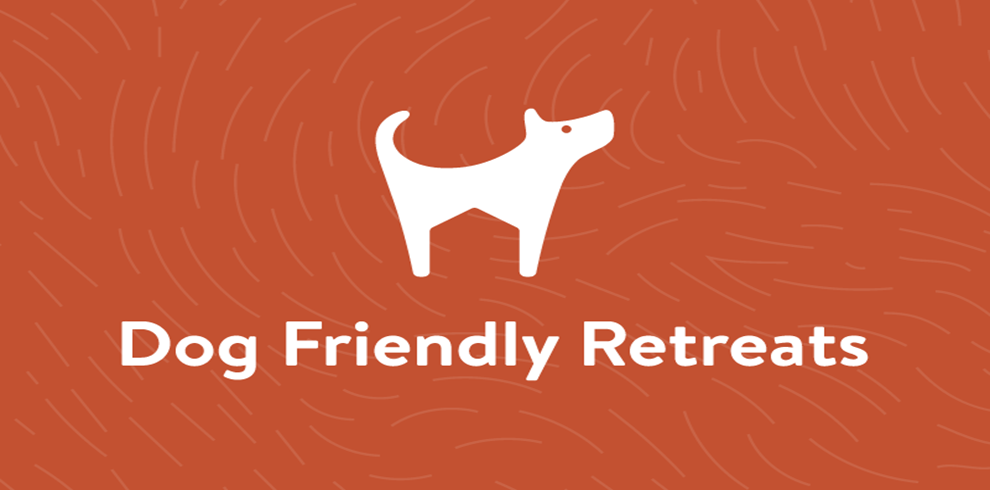 A simple white silhouette of a dog standing with its tail raised, centered on an orange background with subtle curved line patterns. Below the dog graphic, the text ‘Dog Friendly Retreats’ appears in bold white lettering