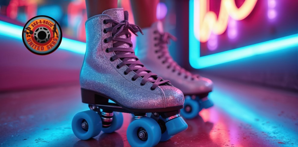 Roller skates on a disco lit dance floor.