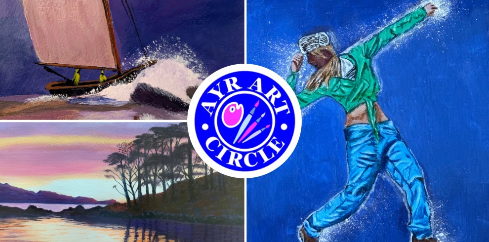 Collage of different formats of art work. Ayr Art Circle logo overlayed in centre.