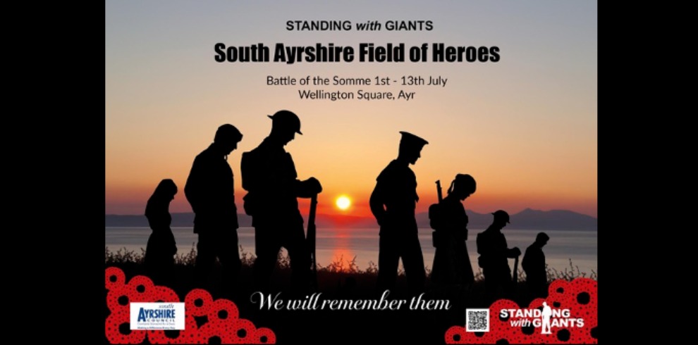 Military silhouettes with sunset in the background. Text reads Standing with Giants South Ayrshire Field of Heroes