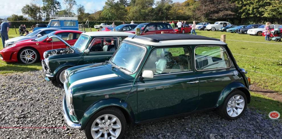 Photograph of classic cars parked in a grassy outdoor field at a car show. A green classic Mini is in the foreground with other vintage and sports cars parked in rows behind it. People are visible in the background viewing the cars on a sunny day.