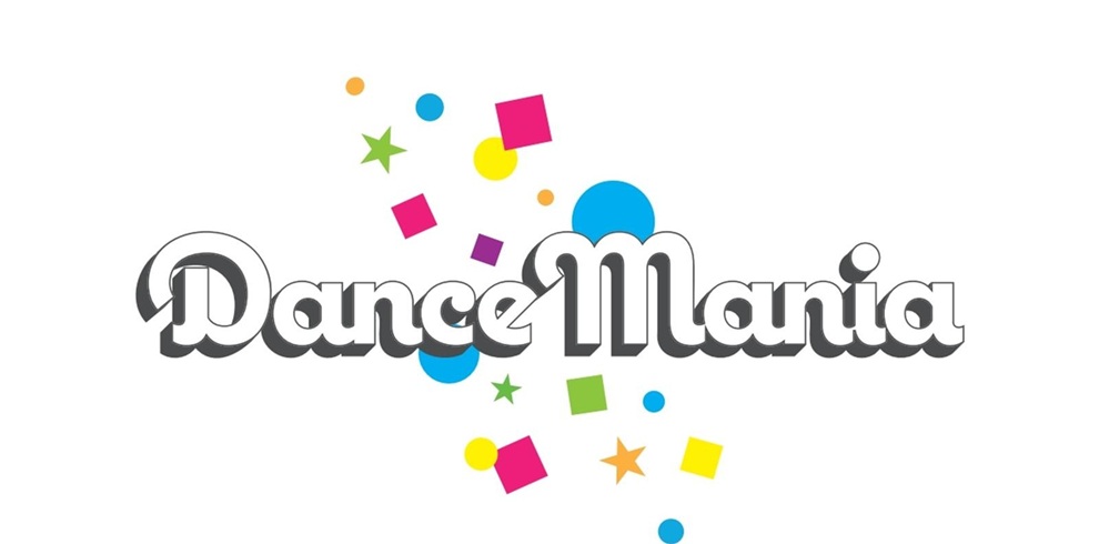 Dance Mania logo featuring the words ‘Dance Mania’ in rounded grey lettering, surrounded by floating colorful shapes including circles, squares, and stars on a white background.