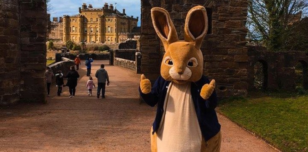 Person in a rabbit costume giving thumbs up outside a castle.