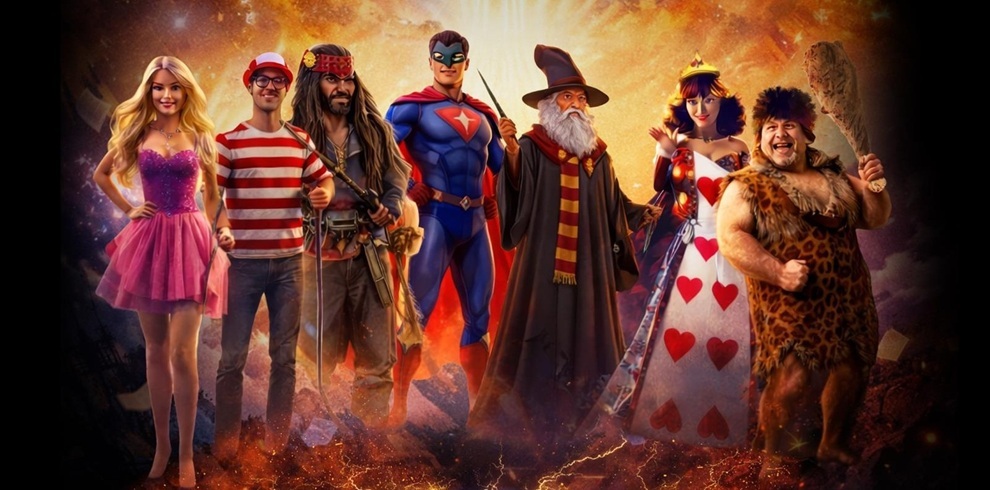 Promotional image for a theatre show featuring images of 7 adults dressed as where's wally, captain jack sparrow, superman, a wizard, queen of hearts and what looks like a cave man.