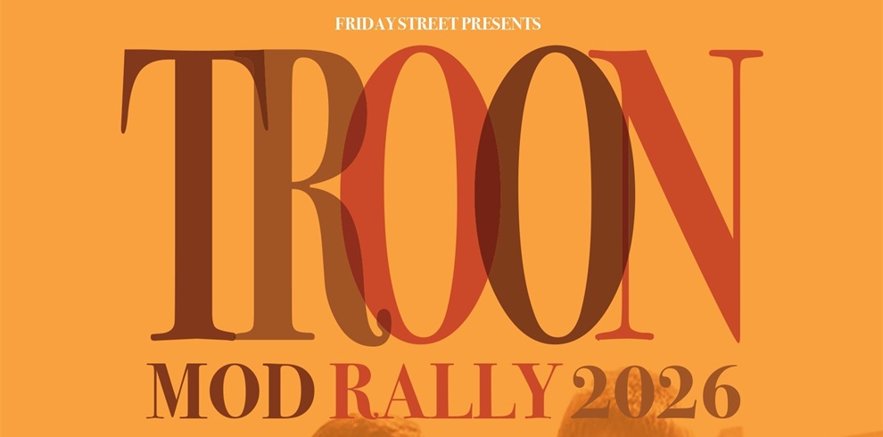 Orange poster with bold, overlapping 1960s-inspired typography reading “Friday Street Presents Troon Mod Rally 2026,” using brown and red tones in a retro design.