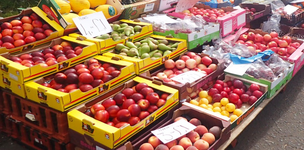 A flower market display with trays of potted plants arranged closely together, featuring clusters of chrysanthemums in yellow, pink, white, and orange alongside cyclamen with pink and red blooms. Green foliage plants and herbs stand behind the flowers, with small handwritten price signs on white cards visible among the plants.